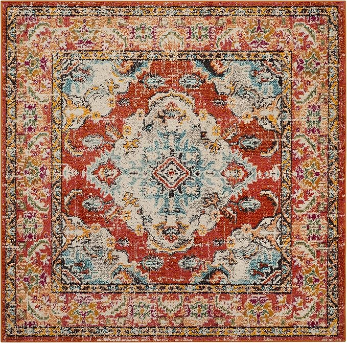 SAFAVIEH Monaco Collection Area Rug - 5' Square, Orange & Light Blue, Boho Chic Medallion Distressed Design, Non-Shedding & Easy Care, Ideal for High Traffic Areas in Living Room, Bedroom (MNC243H)