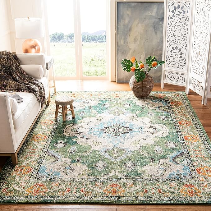 SAFAVIEH Monaco Collection Area Rug - 8' x 10', Forest Green & Light Blue, Boho Medallion Distressed Design, Non-Shedding & Easy Care, Ideal for High Traffic Areas in Living Room, Bedroom (MNC243F)