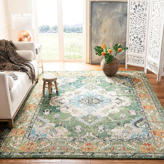 SAFAVIEH Monaco Collection X-Large Area Rug - 11' x 15', Forest Green & Light Blue, Medallion Distressed, Non-Shedding & Easy Care, Ideal for High Traffic Areas in Living Room, Bedroom (MNC243F)