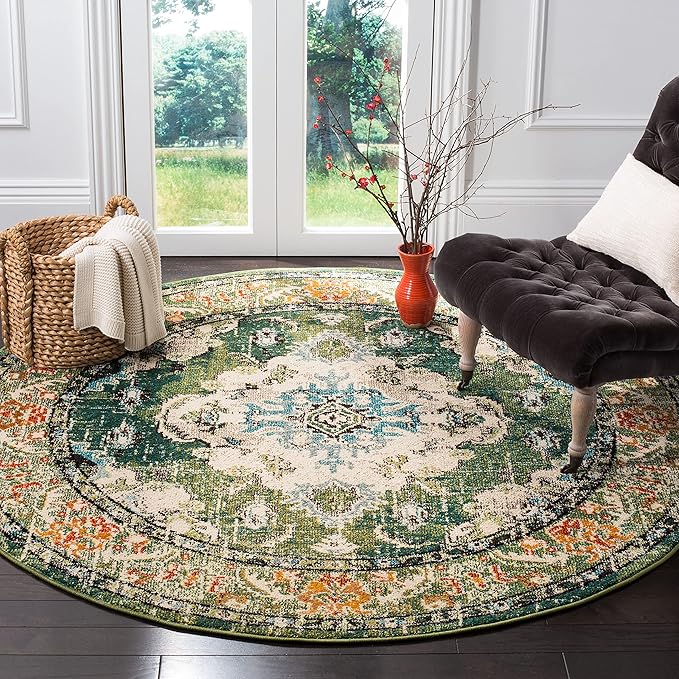 SAFAVIEH Monaco Collection Area Rug - 10' Round, Forest Green & Light Blue, Medallion Distressed Design, Non-Shedding & Easy Care, Ideal for High Traffic Areas in Living Room, Bedroom (MNC243F)