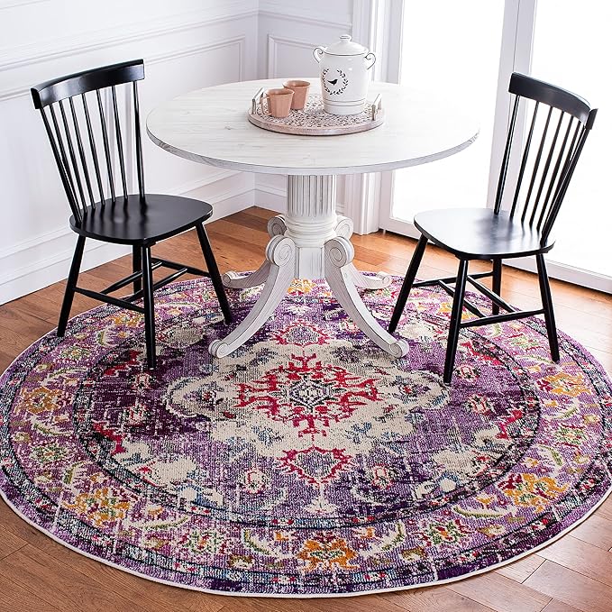 SAFAVIEH Monaco Collection Area Rug - 6'7" Round, Violet & Fuchsia, Boho Chic Medallion Distressed Design, Non-Shedding & Easy Care, Ideal for High Traffic Areas in Living Room, Bedroom (MNC243P)