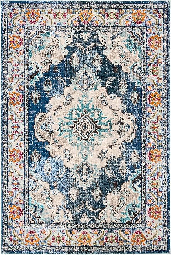 SAFAVIEH Monaco Collection Accent Rug - 4' x 5'7", Navy & Light Blue, Medallion Distressed Design, Non-Shedding & Easy Care, Ideal for High Traffic Areas in Entryway, Living Room, Bedroom (MNC243N)