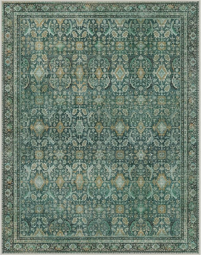 8X10 Area Rugs Machine Washable Rugs for Living Room, Vintage Boho Large Rugs for Bedroom Dining Room, Non Slip Indoor Soft Distressed Lightweight Thin Low Pile Carpet, Turquoise