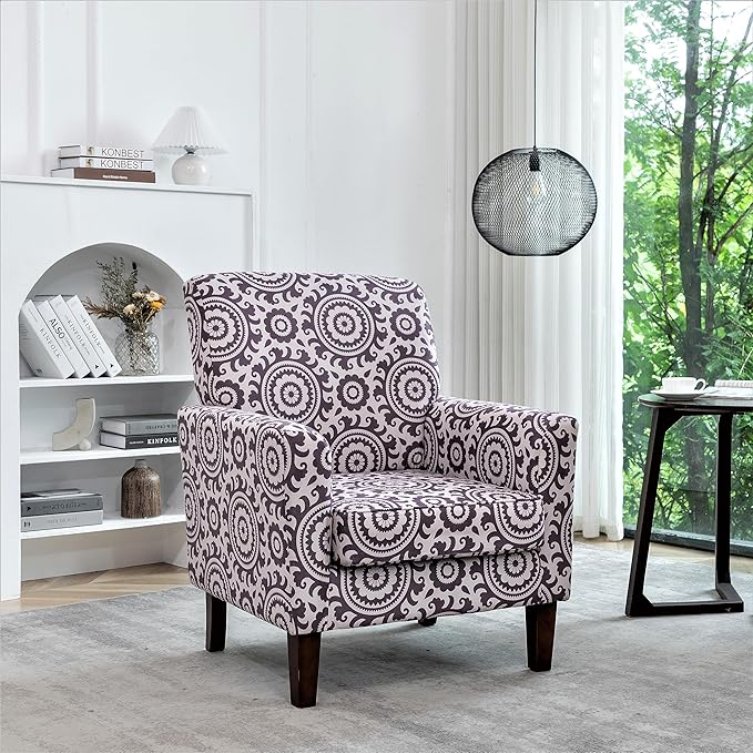 Container Furniture Direct Contemporary Accent Arm Chair with Birch Wood Frame and Velvet Upholstery, Armchair for Office and Living Room Decor, Removable Cushions, 02 Printed Fabric
