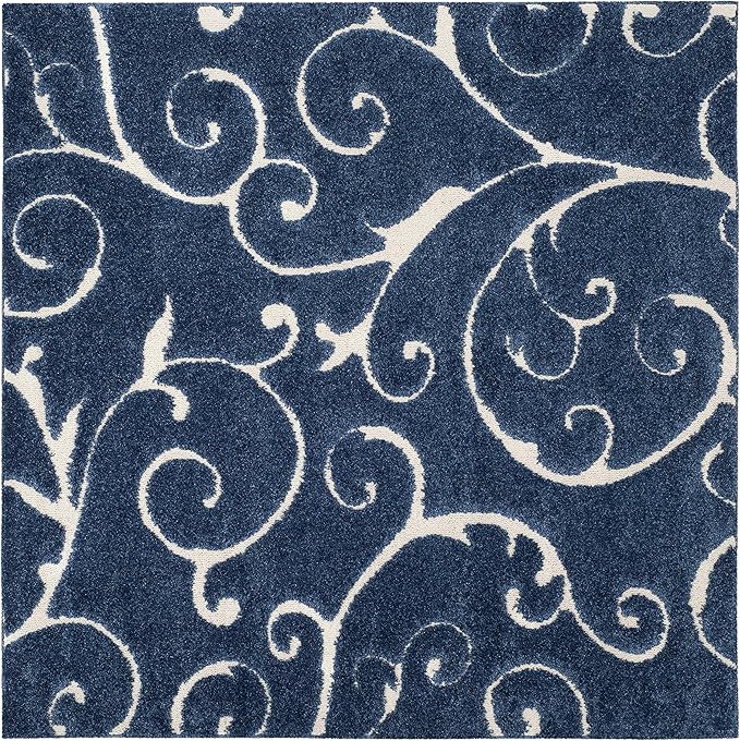 SAFAVIEH Florida Shag Collection Area Rug - 9' Square, Dark Blue & Cream, Scroll Design, Non-Shedding & Easy Care, 1.2-inch Thick Ideal for High Traffic Areas in Living Room, Bedroom (SG455-6511)