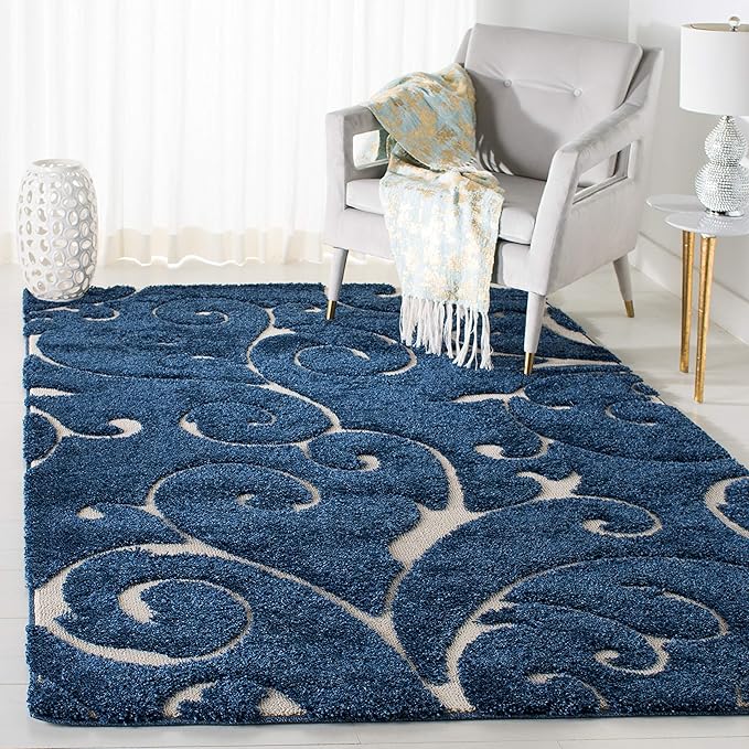 SAFAVIEH Florida Shag Collection Accent Rug - 4' x 6', Dark Blue & Cream, Scroll, Non-Shedding & Easy Care, 1.2-inch Thick Ideal for High Traffic Areas in Entryway, Living Room, Bedroom (SG455-6511)