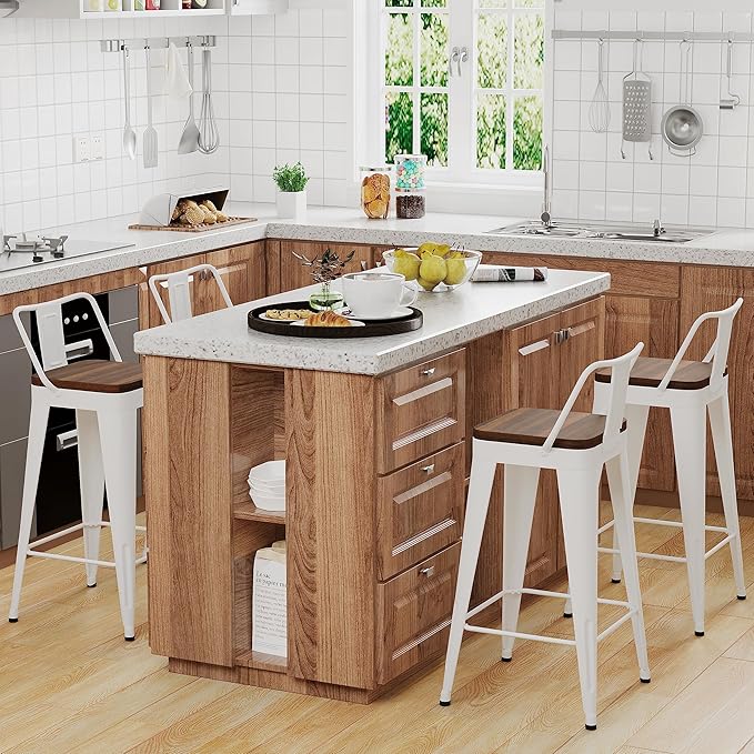 WENTMENT Bar Stools Set of 4 Counter Height Metal Barstools with Removable Back 30" Kitchen Bar Stools with Wooden Seat, White