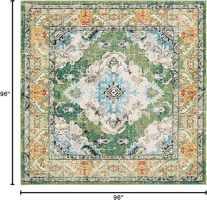 SAFAVIEH Monaco Collection Area Rug - 8' Square, Forest Green & Light Blue, Medallion Distressed Design, Non-Shedding & Easy Care, Ideal for High Traffic Areas in Living Room, Bedroom (MNC243F)