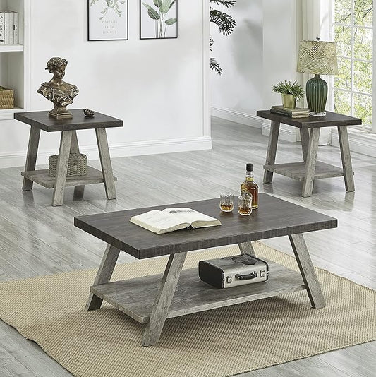 Roundhill Furniture Athens Contemporary 3-Piece Wood Shelf Coffee Table Set, Weathered Walnut and Gray