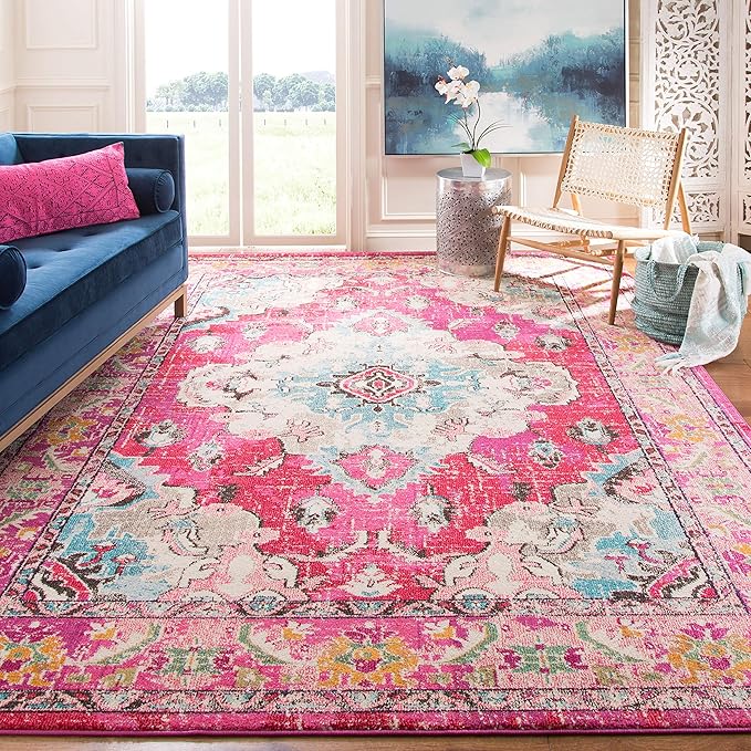 SAFAVIEH Monaco Collection Area Rug - 10' x 14', Pink & Multi, Boho Chic Medallion Distressed Design, Non-Shedding & Easy Care, Ideal for High Traffic Areas in Living Room, Bedroom (MNC243D)