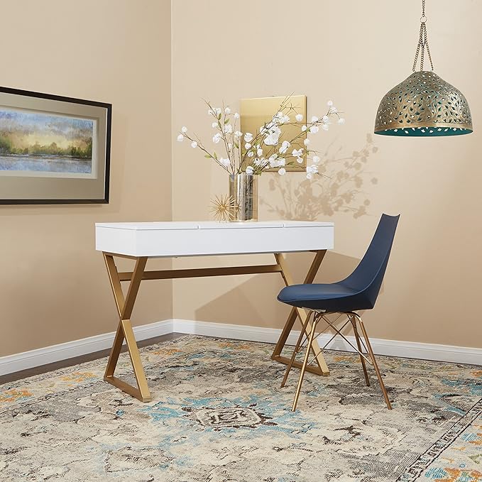OSP Home Furnishings Oakley Mid-Century Modern Bucket Dining Chair with Faux Leather Padded Seat, Navy Blue