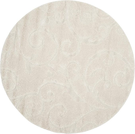 SAFAVIEH Florida Shag Collection Area Rug - 5' Round, Creme & Creme, Scroll Design, Non-Shedding & Easy Care, 1.2-inch Thick Ideal for High Traffic Areas in Living Room, Bedroom (SG455-1111)