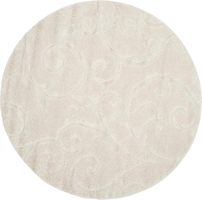 SAFAVIEH Florida Shag Collection Area Rug - 8' Round, Creme & Creme, Scroll Design, Non-Shedding & Easy Care, 1.2-inch Thick Ideal for High Traffic Areas in Living Room, Bedroom (SG455-1111)