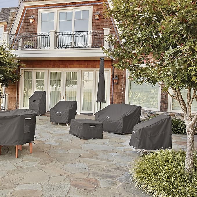 Classic Accessories Ravenna Water-Resistant 88 Inch Rectangular/Oval Patio Table & Chair Set Cover, Medium, Taupe, brown, Outdoor Table Cover
