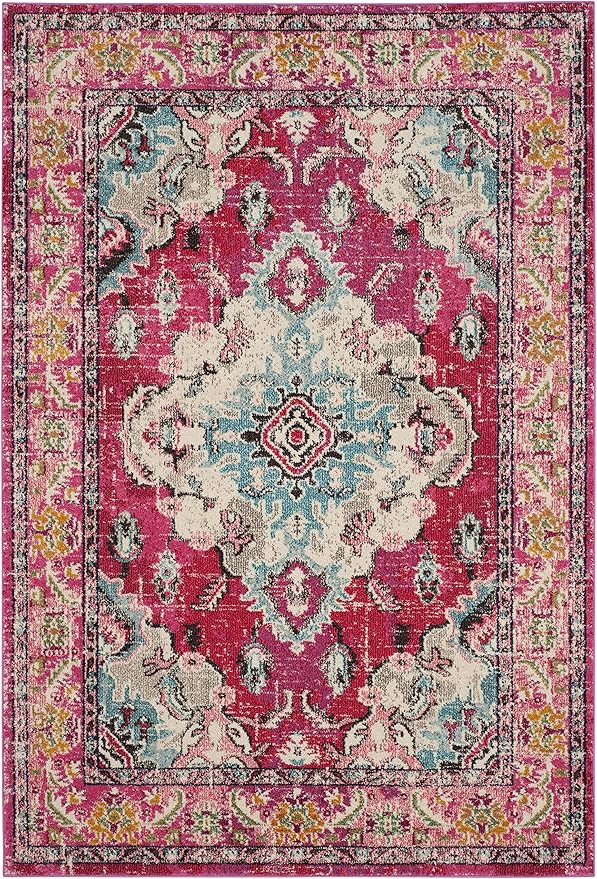 SAFAVIEH Monaco Collection Area Rug - 5'1" x 7'7", Pink & Multi, Boho Chic Medallion Distressed Design, Non-Shedding & Easy Care, Ideal for High Traffic Areas in Living Room, Bedroom (MNC243D)