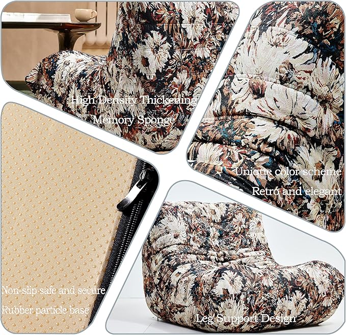CXC Fireside Chair, Gaming Chair Floor, Large Bean Bag Chairs for Adults, Memory Sponge Lazy Sofa, Ergonomic Design Comfy Couch for Living Room丨 Bedroom丨 Office丨(Happy Flower-Brown, Linen)