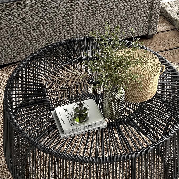 Muse & Lounge Co. Ysar Boho Rattan Round Coffee Table Outdoor with Metal Frame, All-Weather and Rust Resistant, Handcrafted Coastal Furniture for Patio, Poolside, Garden, Yard, Black