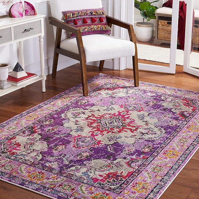 SAFAVIEH Monaco Collection Area Rug - 5'1" x 7'7", Violet & Fuchsia, Boho Chic Medallion Distressed Design, Non-Shedding & Easy Care, Ideal for High Traffic Areas in Living Room, Bedroom (MNC243P)