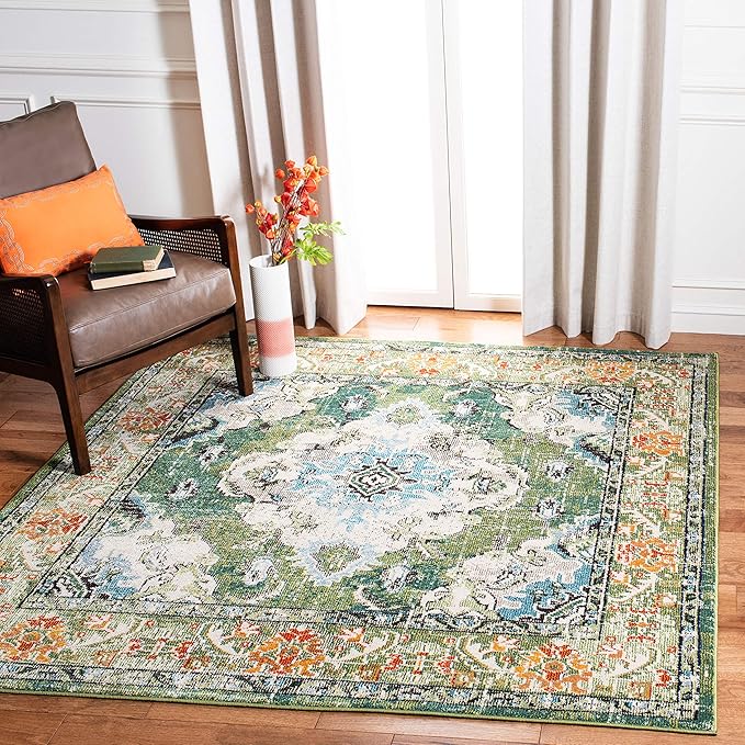 SAFAVIEH Monaco Collection Area Rug - 10' Square, Forest Green & Light Blue, Medallion Distressed Design, Non-Shedding & Easy Care, Ideal for High Traffic Areas in Living Room, Bedroom (MNC243F)