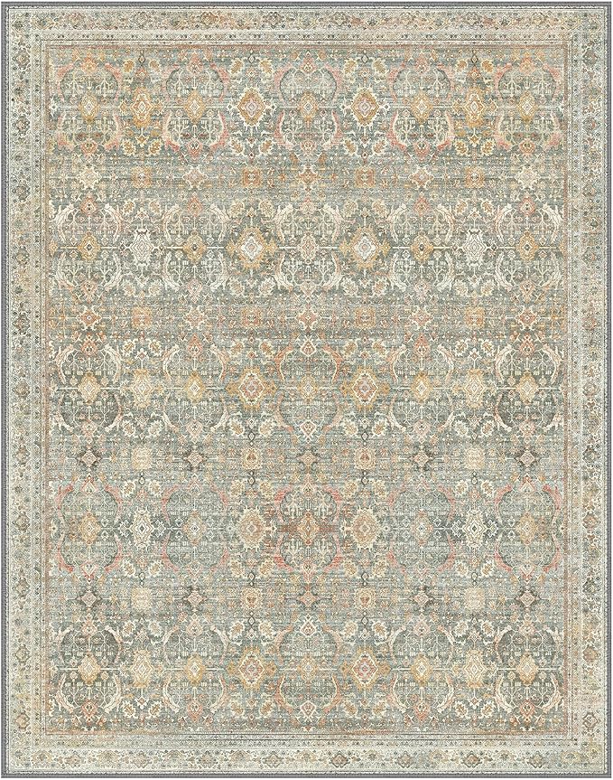 9X12 Area Rugs Machine Washable Rugs for Living Room, Vintage Boho Large Rugs for Bedroom Dining Room, Non Slip Indoor Soft Distressed Lightweight Thin Low Pile Carpet, Turmeric