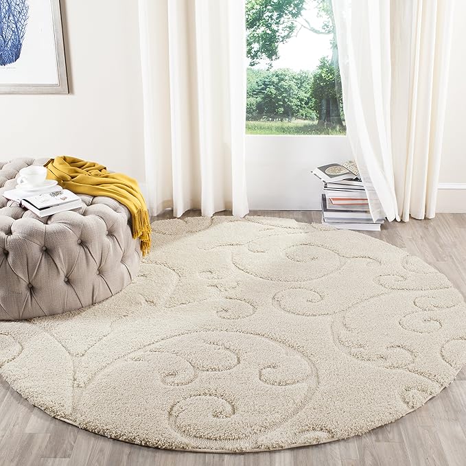 SAFAVIEH Florida Shag Collection Area Rug - 10' Round, Creme & Creme, Scroll Design, Non-Shedding & Easy Care, 1.2-inch Thick Ideal for High Traffic Areas in Living Room, Bedroom (SG455-1111)