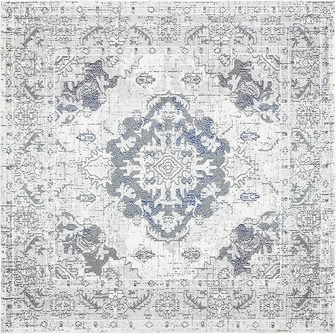 SAFAVIEH Monaco Collection Area Rug - 6'7" Square, Ivory & Grey, Boho Chic Medallion Distressed Design, Non-Shedding & Easy Care, Ideal for High Traffic Areas in Living Room, Bedroom (MNC243B)