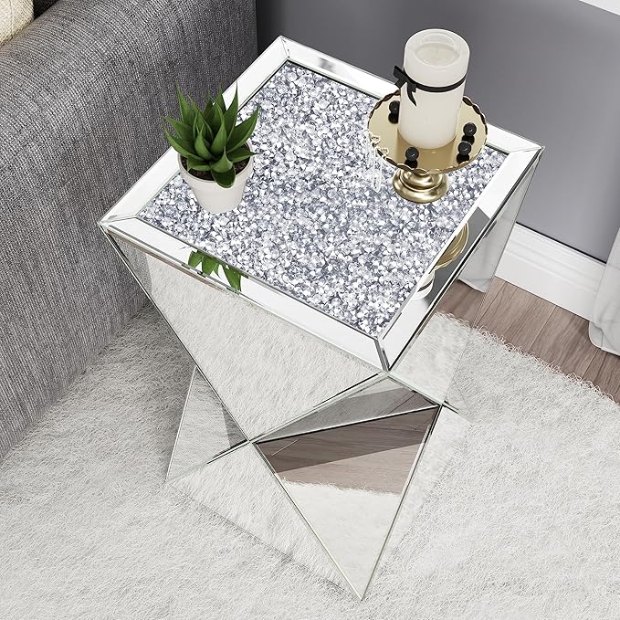 ENENE Mirrored Diamond Setting End Table Glass Decorative Side Table for Living Room Small Spaces Coffee Table Modern Pedestal Accent Table for Bedroom Office Hallway Entryway