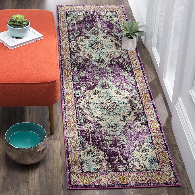 SAFAVIEH Monaco Collection Runner Rug - 2'2" x 10', Violet & Light Blue, Boho Chic Medallion Distressed Design, Non-Shedding & Easy Care, Ideal for High Traffic Areas in Living Room, Bedroom (MNC243L)