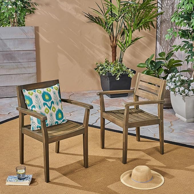 Merax Acacia Wood Dining Chairs Set of 2,Stamford Outdoor Acacia Wood Dining Chairs for Kitchen, Living Room,Outdoor,Grey