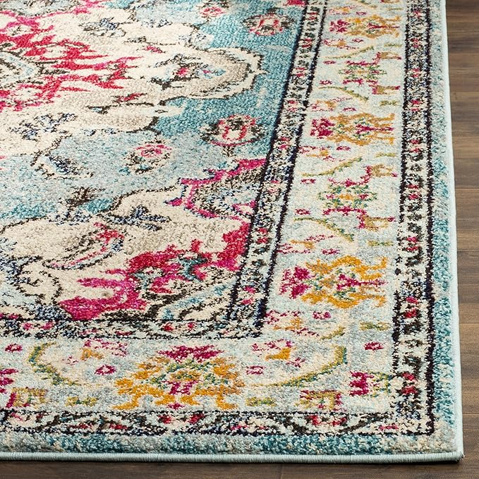 SAFAVIEH Monaco Collection Runner Rug - 2'2" x 14', Light Blue & Fuchsia, Medallion Distressed Design, Non-Shedding & Easy Care, Ideal for High Traffic Areas in Living Room, Bedroom (MNC243J)