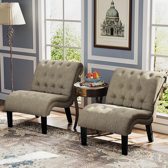 Yongqiang Accent Chair for Bedroom Living Room Modern Button Tufted Upholstered Armless Corner Chair with Wood Legs