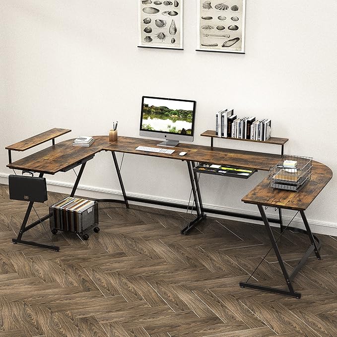 SHW 51 x 51 Inches Vista L-Shaped Desk with Monitor Stand and Drawer, Rustic Brown