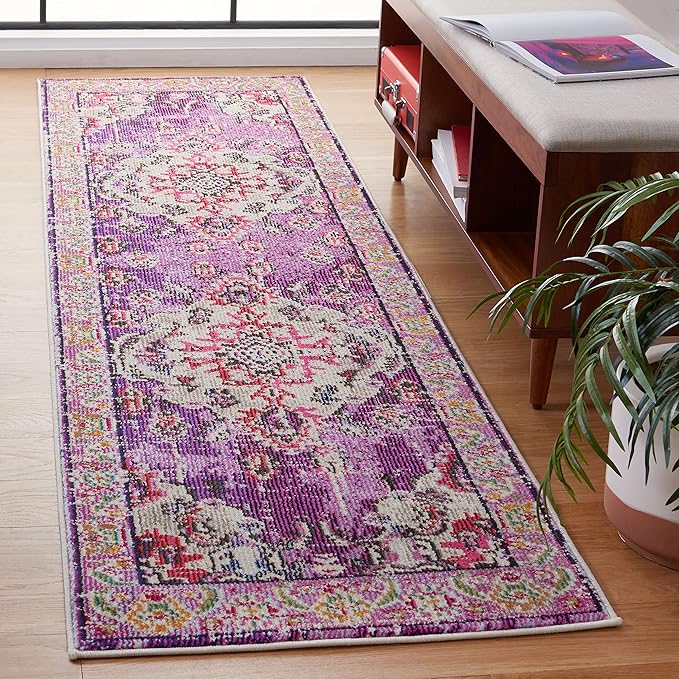 SAFAVIEH Monaco Collection Runner Rug - 2'2" x 12', Violet & Fuchsia, Boho Chic Medallion Distressed Design, Non-Shedding & Easy Care, Ideal for High Traffic Areas in Living Room, Bedroom (MNC243P)