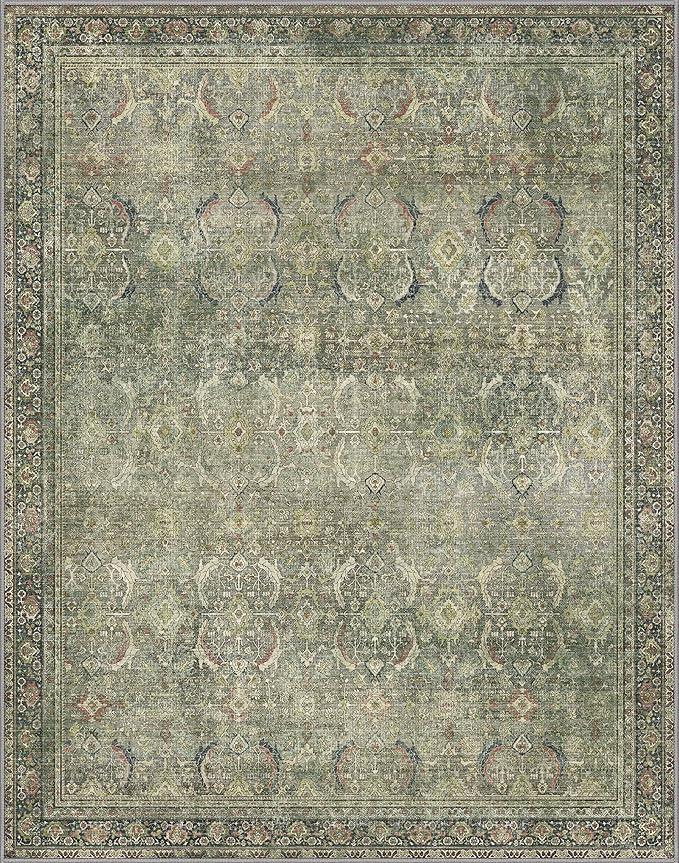 10X14 Area Rugs Machine Washable Rugs for Living Room, Vintage Boho Large Rugs for Bedroom Dining Room, Non Slip Indoor Soft Distressed Lightweight Thin Low Pile Carpet, Green