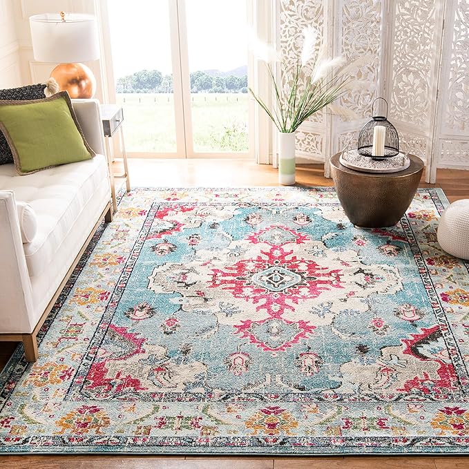 SAFAVIEH Monaco Collection 9' x 12' Light BlueFuchsia MNC243J Boho Chic Medallion Distressed Non-Shedding Living Room Bedroom Dining Home Office Area Rug