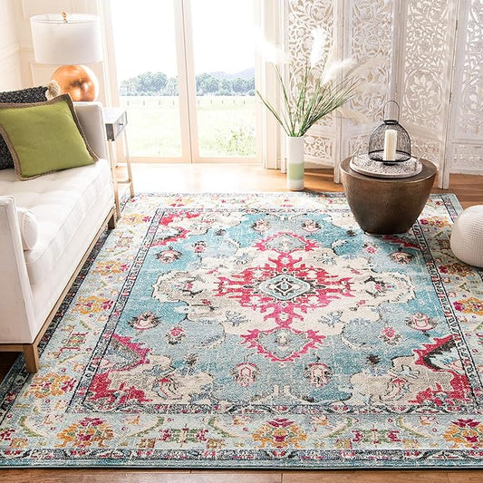 SAFAVIEH Monaco Collection 9' x 12' Light BlueFuchsia MNC243J Boho Chic Medallion Distressed Non-Shedding Living Room Bedroom Dining Home Office Area Rug