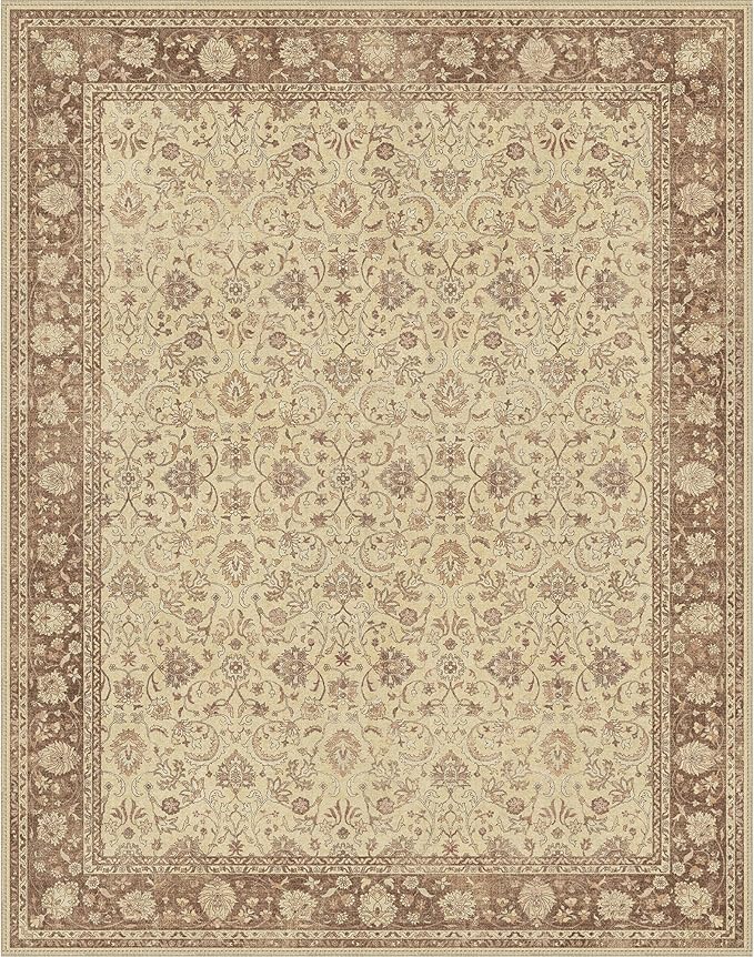 8X10 Area Rugs Machine Washable Rugs for Living Room, Vintage Boho Large Rugs for Bedroom Dining Room, Non Slip Indoor Soft Distressed Lightweight Thin Low Pile Carpet, Light Brown