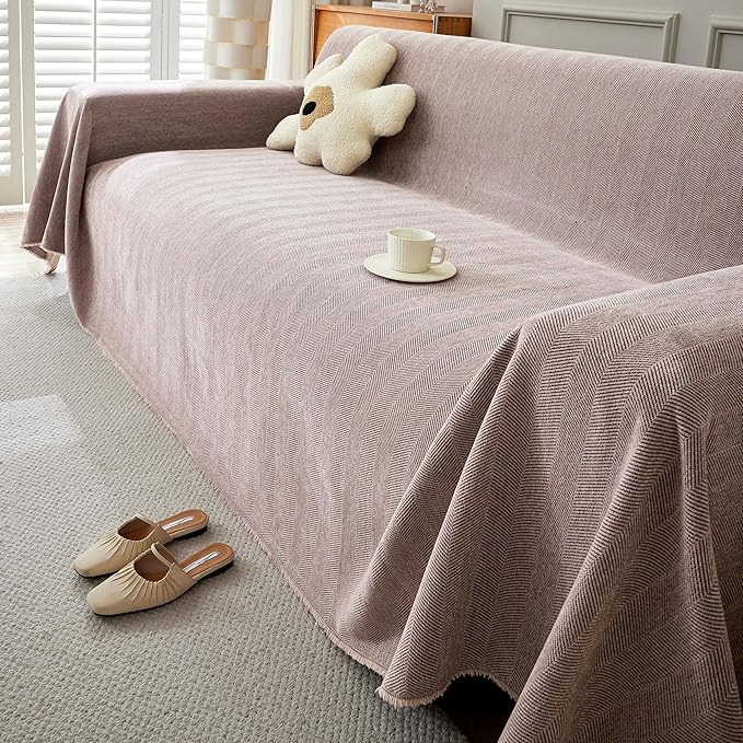 STACYPIK Thick Pink Geometric Sofa Covers for 3 Cushion Couch Reversible Herringbone Dogs Couch Covers0 Pet Scratch Protector Blanket for Living Room Chenille Cushion Covers with Tassel-91X150IN