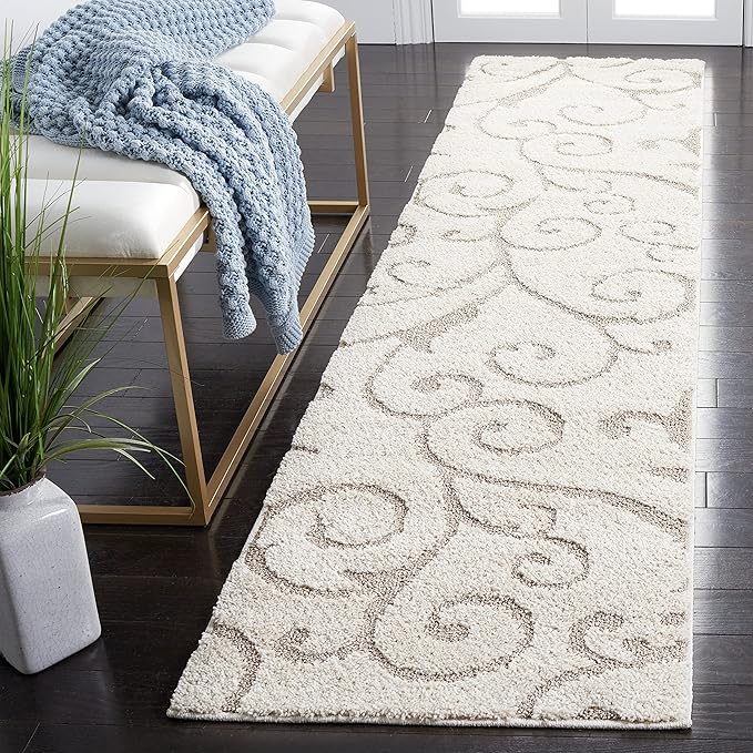 SAFAVIEH Florida Shag Collection Runner Rug - 2'3" x 9', Ivory & Beige, Scroll Design, Non-Shedding & Easy Care, 1.2-inch Thick Ideal for High Traffic Areas in Living Room, Bedroom (SG455-13LT)