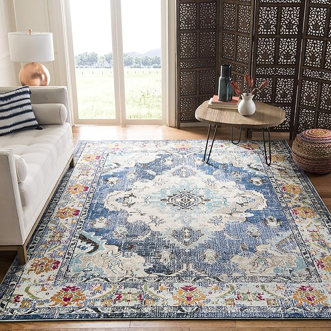 SAFAVIEH Monaco Collection X-Large Area Rug - 11' x 15', Navy & Light Blue, Medallion Distressed Design, Non-Shedding & Easy Care, Ideal for High Traffic Areas in Living Room, Bedroom (MNC243N)