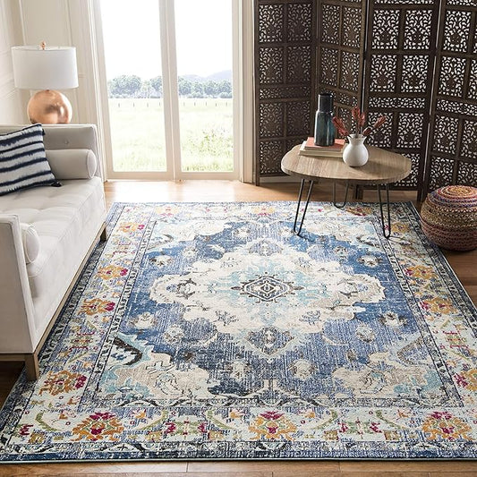 SAFAVIEH Monaco Collection X-Large Area Rug - 11' x 15', Navy & Light Blue, Medallion Distressed Design, Non-Shedding & Easy Care, Ideal for High Traffic Areas in Living Room, Bedroom (MNC243N)