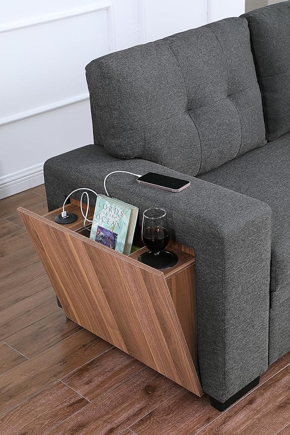 Ball & Cast L-Shape Reversible Sectional Sleeper Sofa Bed 4 in 1 Pull Out Couch with Storage Chaise USB Ports & Cup Holder Convertible Sleeper Corner Couch Pull-Out Sofa Bed for Living Room Office