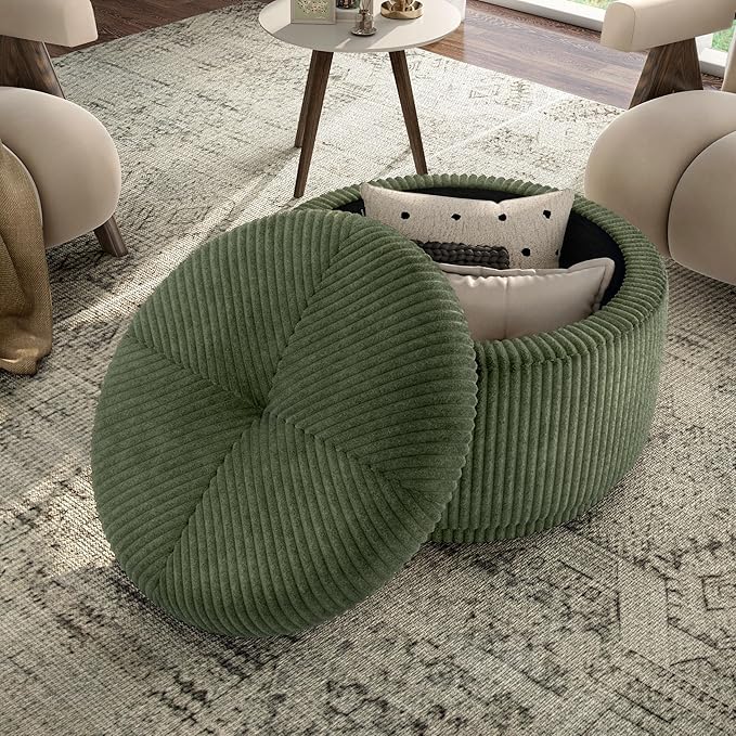Furniture of America Lennox Modern Chenille 29-inch Round Storage Ottoman with Flip Top, Upholstered Footstool, Circle Coffee Table for Living Room, Bedroom, Entryway, Green