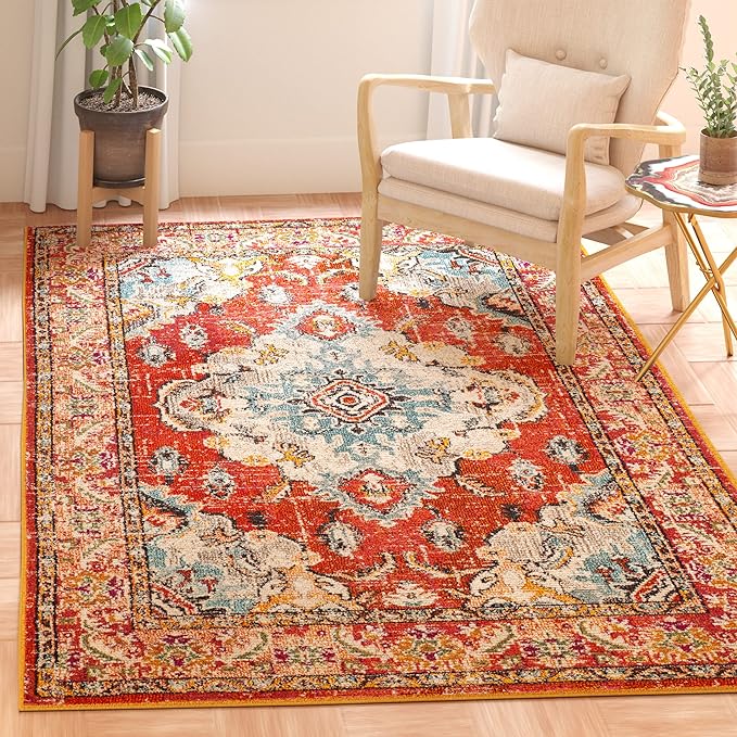 SAFAVIEH Monaco Collection Area Rug - 9' x 12', Orange & Light Blue, Boho Chic Medallion Distressed Design, Non-Shedding & Easy Care, Ideal for High Traffic Areas in Living Room, Bedroom (MNC243H)