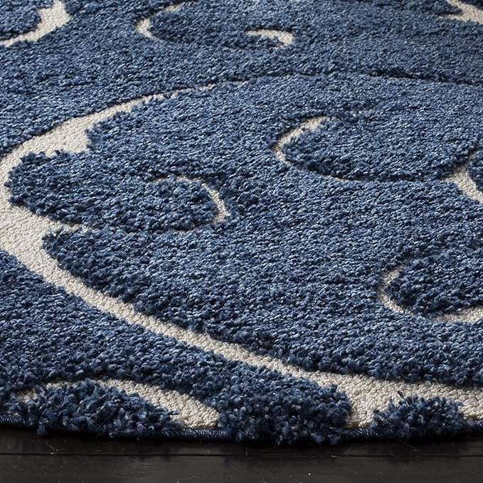 SAFAVIEH Florida Shag Collection 5' Round Dark Blue/Cream SG455 Scrolling Vine Graceful Swirl Textured Non-Shedding Living Room Bedroom Dining Room Entryway Plush 1.2-inch Thick Area Rug