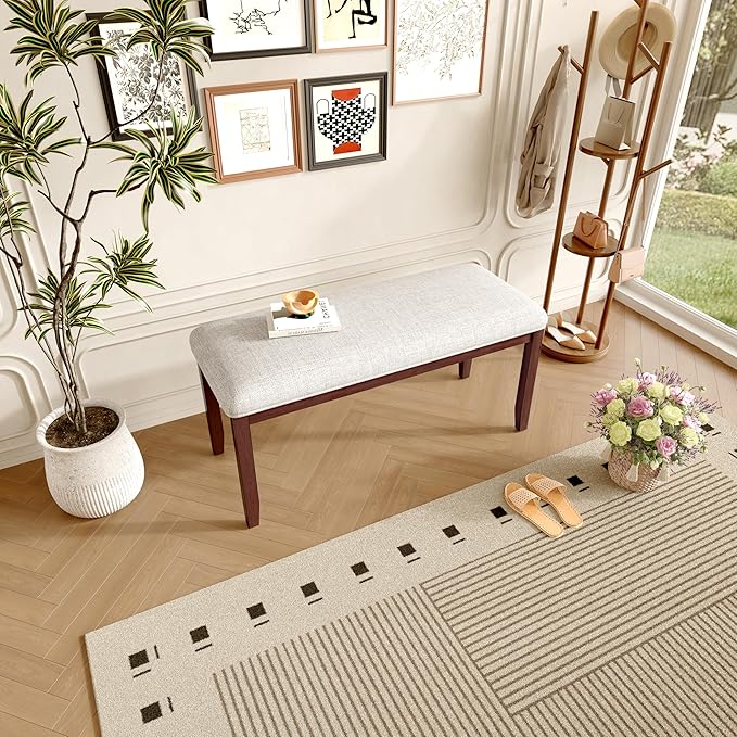 Merax Upholstered Dining Bench, with Padded Seat and Solid Wood Leg for Kitchen Bedroom, Living Room, Indoor, Entryway, Hallway, End of Bed, Cherry+Beige