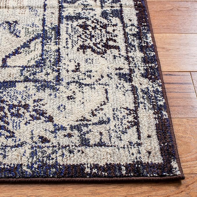 SAFAVIEH Monaco Collection Area Rug - 9' x 12', Ivory & Navy, Boho Chic Medallion Distressed Design, Non-Shedding & Easy Care, Ideal for High Traffic Areas in Living Room, Bedroom (MNC243C)