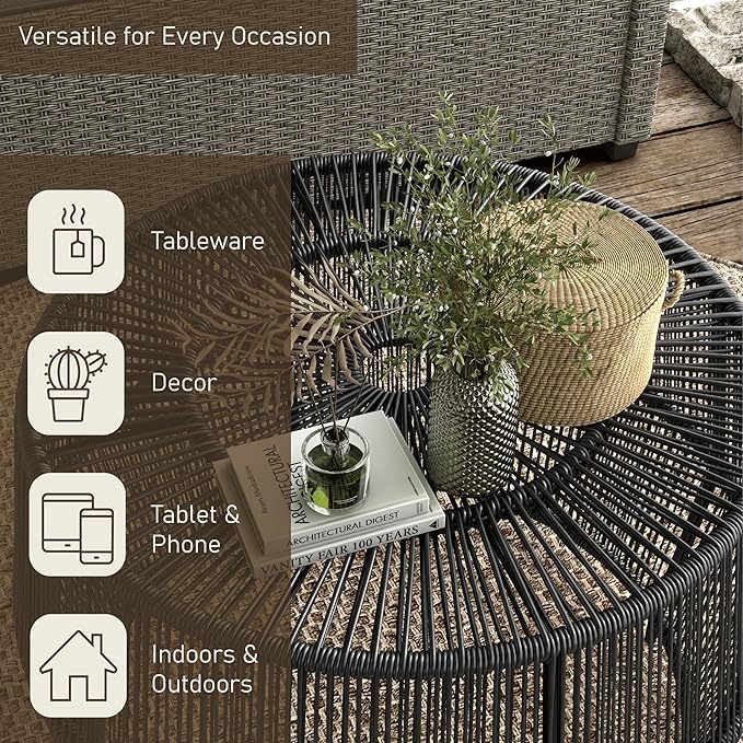 Muse & Lounge Co. Ysar Boho Rattan Round Coffee Table Outdoor with Metal Frame, All-Weather and Rust Resistant, Handcrafted Coastal Furniture for Patio, Poolside, Garden, Yard, Black