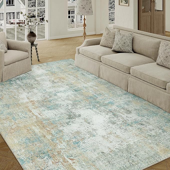 6x9 Washable Area Rug Teal Beige Modern Neutral Abstract Living Room Bedroom Indoor Floor Carpet Low Pile Soft Non-Slip Lightweight Vacuumable Throw Rug for Nursery Dining Room Office