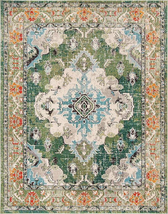 SAFAVIEH Monaco Collection Area Rug - 10' x 14', Forest Green & Light Blue, Medallion Distressed Design, Non-Shedding & Easy Care, Ideal for High Traffic Areas in Living Room, Bedroom (MNC243F)